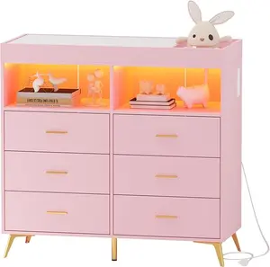 Dresser for Bedroom with LED Lights and Power Outlet, Baby Changing Table Dresser with 6 Drawers, 2 Open Storage Shelves, Baby Dresser with Changing Table Top