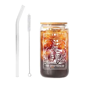 Halloween Glass Cup Set, 16oz High Borosilicate Glass Cups with Straw and Brush, Funny Drinking Glasses for Cola Coffee Milk Tea Gifts, Vintage Glass Cup