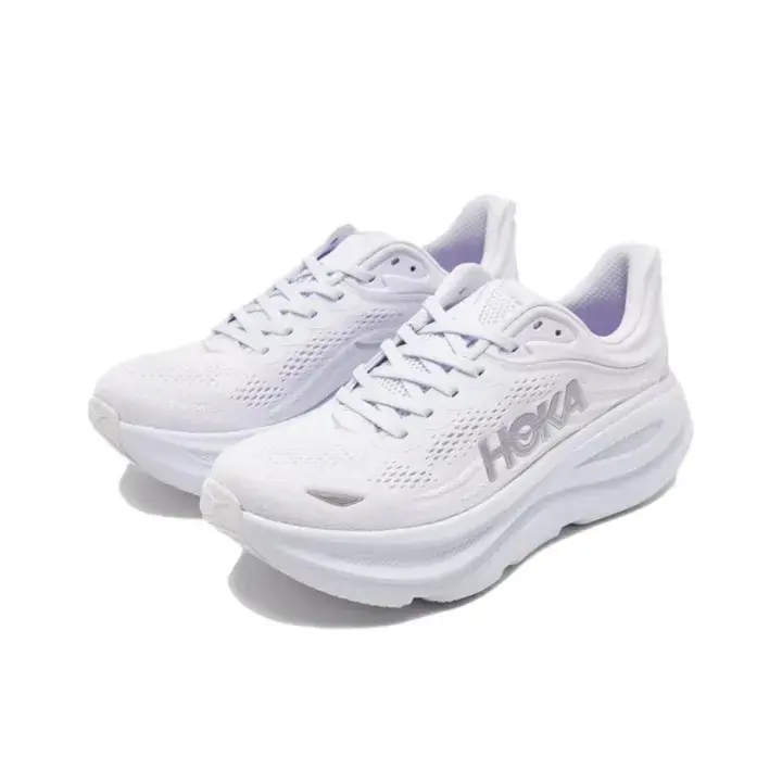 Breathable stretch knit casual lifestyle sneakers, seamless all-white wave cushion midsole, muted lavender interior padding, great for downtown hangouts morning cardio riverside evening walks