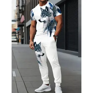 Men’s T-shirt with wolf print, casual streetwear, short-sleeve pullover, long pants set, summer outdoor sports top, T-shirt apparel