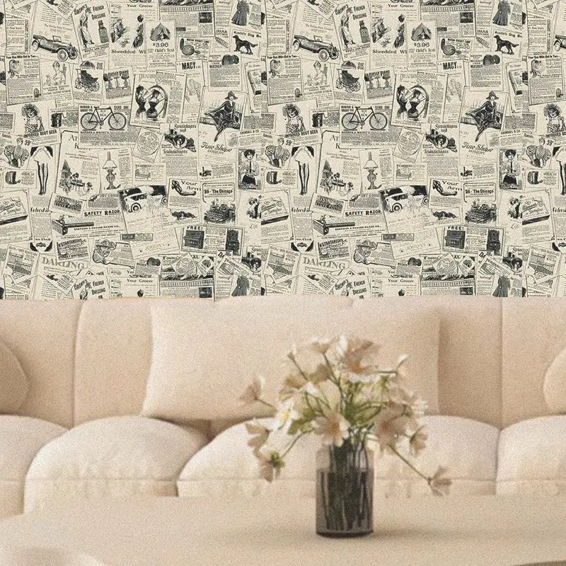 Vintage Newspaper Pattern Wallpaper, 1 Roll Self-adhesive Waterproof Removable Wallpaper, Decorative Sticker for Home Living Room Kitchen Bedroom Dormitory