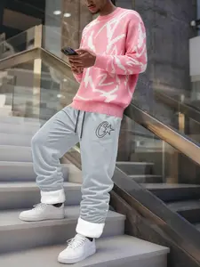 Men's Fashion Set, Artistic Graffiti Sweater & Fleece-Lined Pants Two-Piece, Comfortable Knitwear, Casual Style, Fall&winter Warm Wear