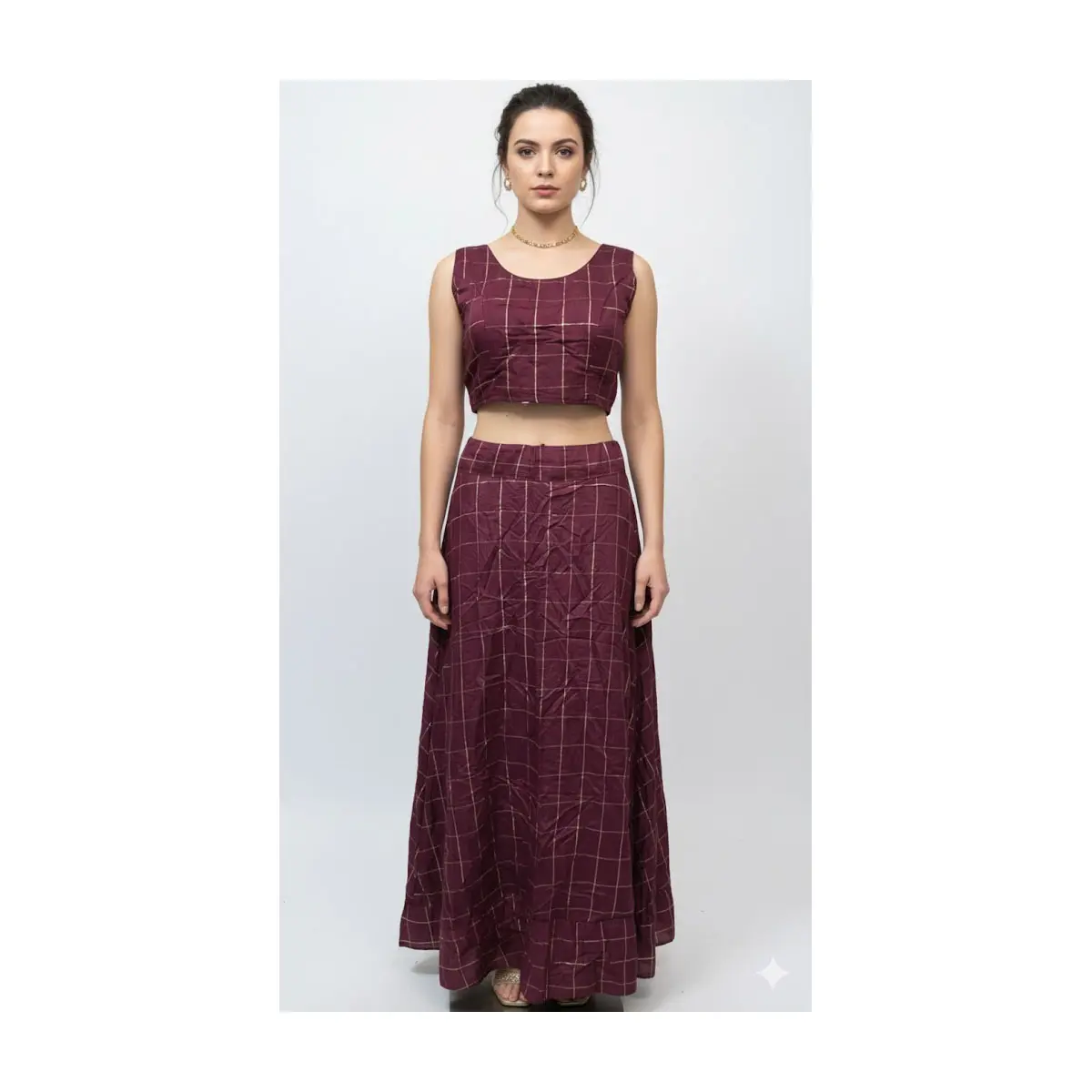 #K15 Wine Foil-Check Lehenga Set (Top + Skirt)