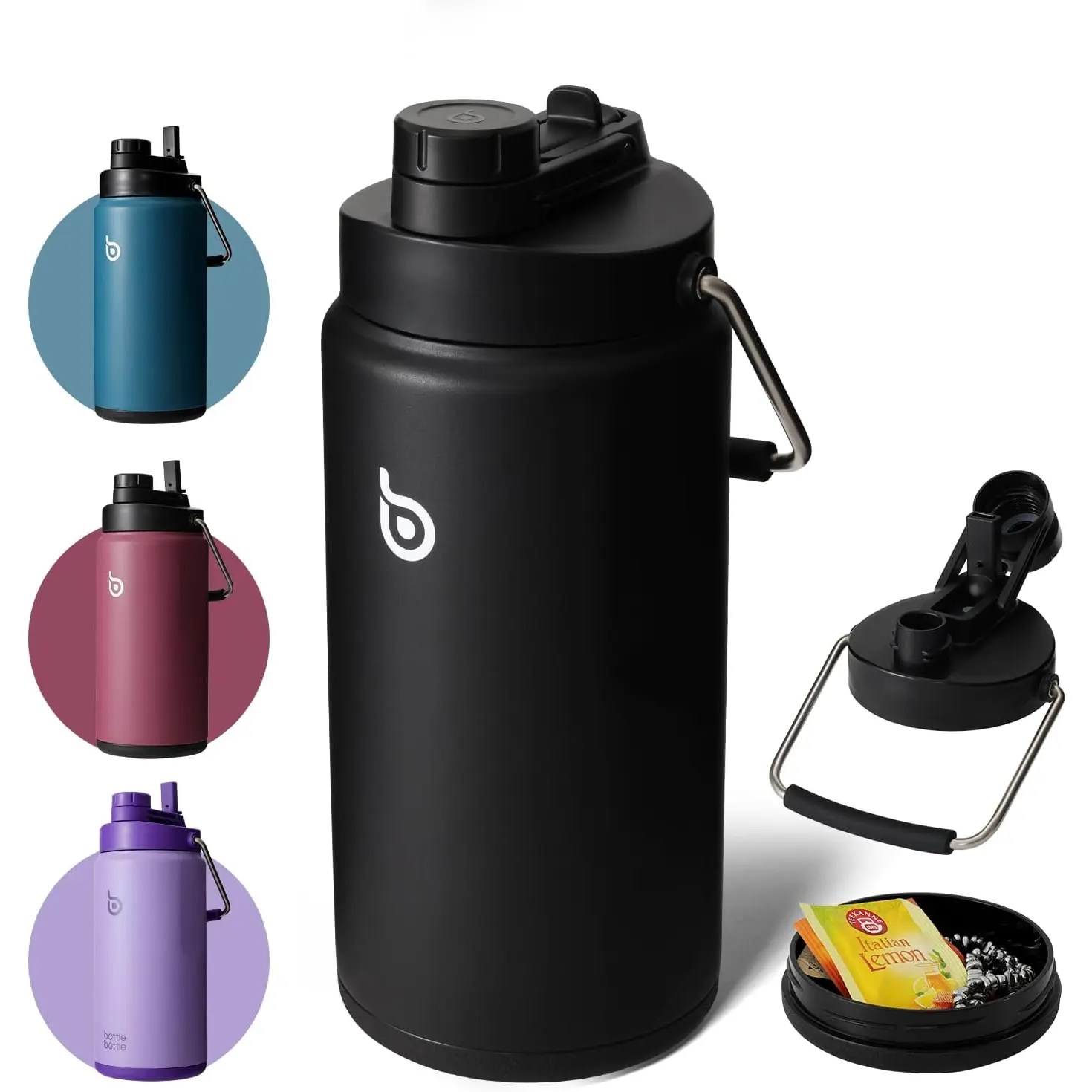 Insulated Water  64 oz with Straw and Dual-use Lid Half Gallon Water Jug Vacuum Stainless Steel for Workout and Sports Insulated Beer Growler with Handle Dark black