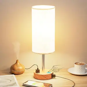 Bedside Table Lamp for Bedroom - 3 Way Dimmable Touch Lamp with USB C Charging Ports and AC Outlet, Small Lamp Wood Base Round Flaxen Fabric Shade for Living Room Desk, LED Bulb Included