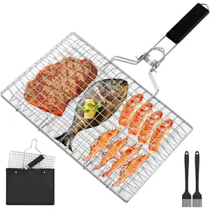 Fish Grill Baskets,Folding Portable Fish Grilling Rack For Grill, BBQ Grilling Basket, Stainless Steel Grill Basket For Veggies, Shrimp, Meat Cook,Come With Storage Bag and Two Basting Brush