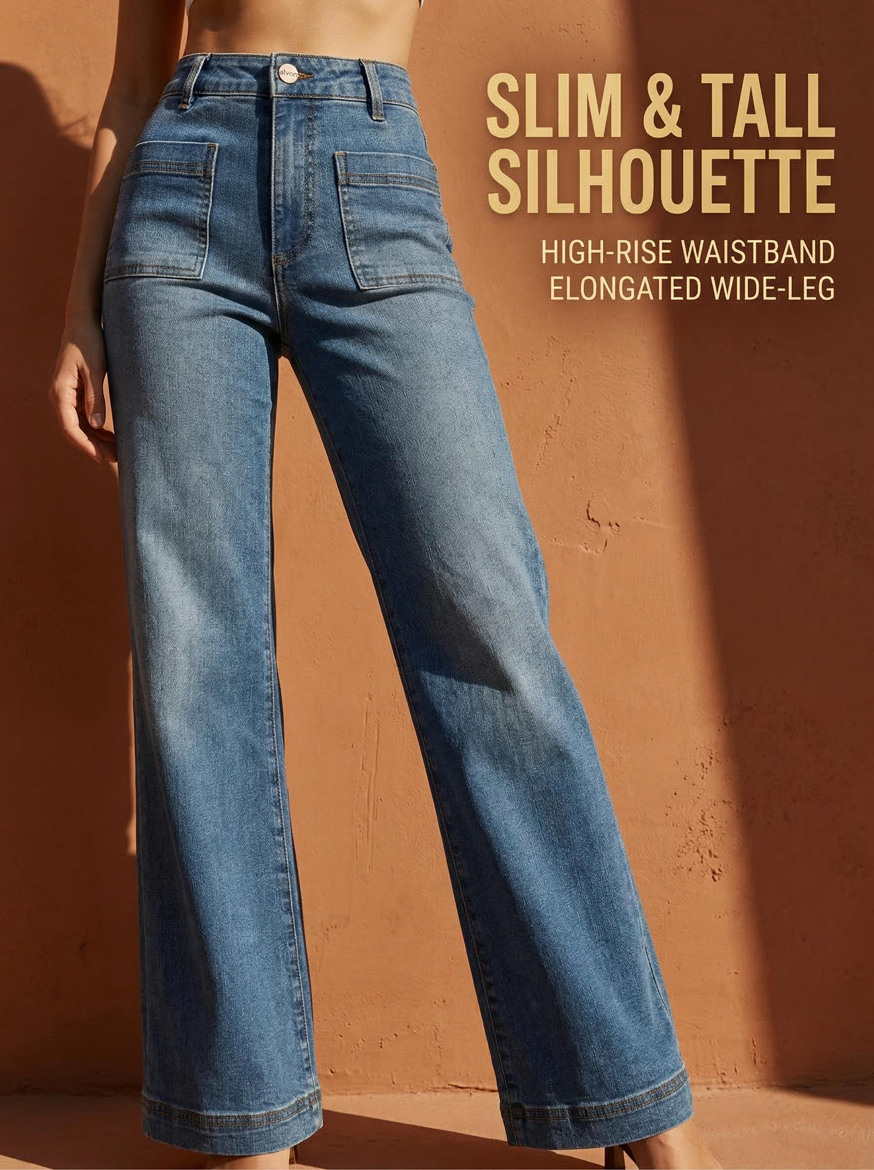 ALVON Women's Stretch Denim Pants Recycled High Waist Wide Leg Jeans Classic Streetwear Comfort Baggy Trouser Maxi Pocket Fitted