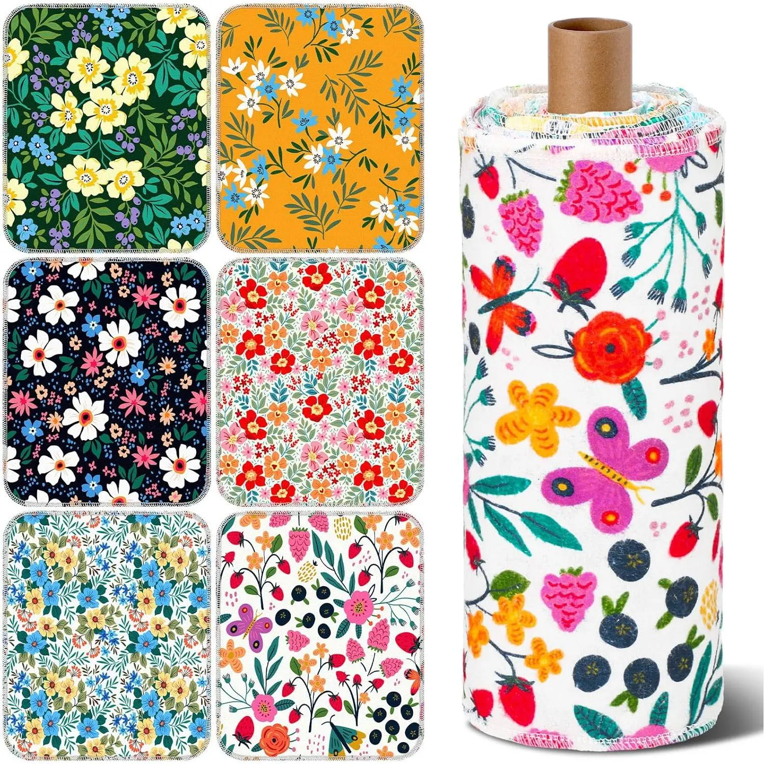 30-Count Machine-Washable Flower-Print Cleaning Cloths, Cardboard-Core Flannel Rolls, 10x12 in Synthetic Reusable Paperless Wipes for Kitchen & Bathroom