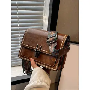 Women's Embroidered PU Leather Crossbody Bag with Ethnic Strap, Retro Stylish Shoulder Bag, Chic Flap Purse for Women & Girls, Elegant Commuter Bag