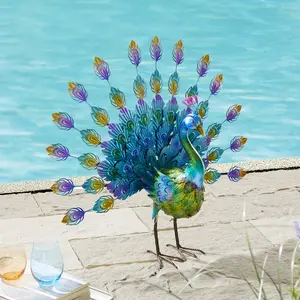 Glitzhome 28.75"W Metal Peacock Tail Spread Garden Statue with Stakes (KD)Metal Thickness: 0.3mm