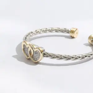 Two Heart Pave Braided Bangle Bracelet