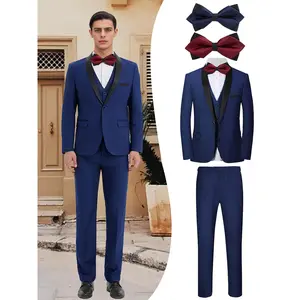Menswear, Formal, Sophisticated 4-Piece Men's Business Suit Set - Jacket + Vest + Pants + Bow Tie (red and blue)  | Premium Polyester Blend Fabric | Non-Stretch, Structured Fit for Professional & Special Events