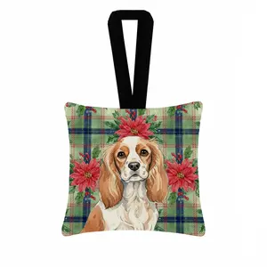 Carolines Treasures WDK8563PO3 3.5 x 3.5 in. Blenheim Cavalier Spaniel Christmas Poinsettias Hanging Square Fabric Ornament