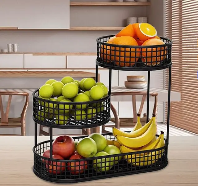 Black Metal 3-Tier Kitchen Countertop Fruit Basket, Rust-Proof Smooth Water-Proof Fruit Rack, 12.6in x 12.6in x 3.9in, Suitable for Kitchen, Living Room