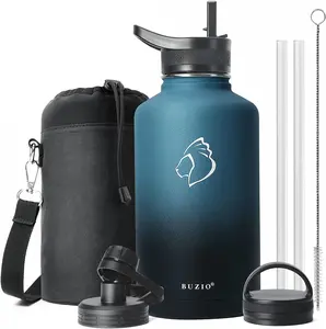 Insulated Water Bottle 64 oz with Straw Lid (3 Lids), 64oz Stainless Steel Bottle Half Gallon Jug Flask, Double Wall Vacuum Sports Thermo Mug, Cold Hot Hydro Metal Canteen, Indigo Black
