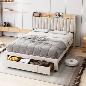 Upholstered Platform Bed Frame with Storage Headboard & Drawers - Built-in Charging Station (USB & AC), Heavy Duty, Easy Assembly - Queen/King/Full, Beige or Light Grey