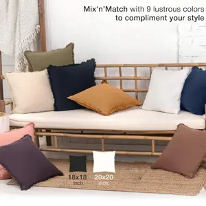 Inspired Ivory Throw Pillow Cover - Decorative Natural Linen Pillow Cover with Tassel Trim - Farmhouse Pillow Cushion Cover for Sofa Couch Bed Decor - Square Burlap Sham - 18 x 18 Inch & 20 x 20 Inch Sizes