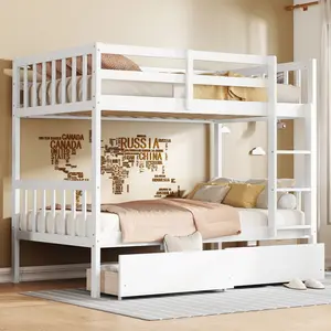 Twin Over Twin Rubber Wood Bunk Bed Frame with 2 Storage Drawers, Convertible into 2 Twin Beds, Twin Size Bunk Bed with Ladder and Safety Guardrails