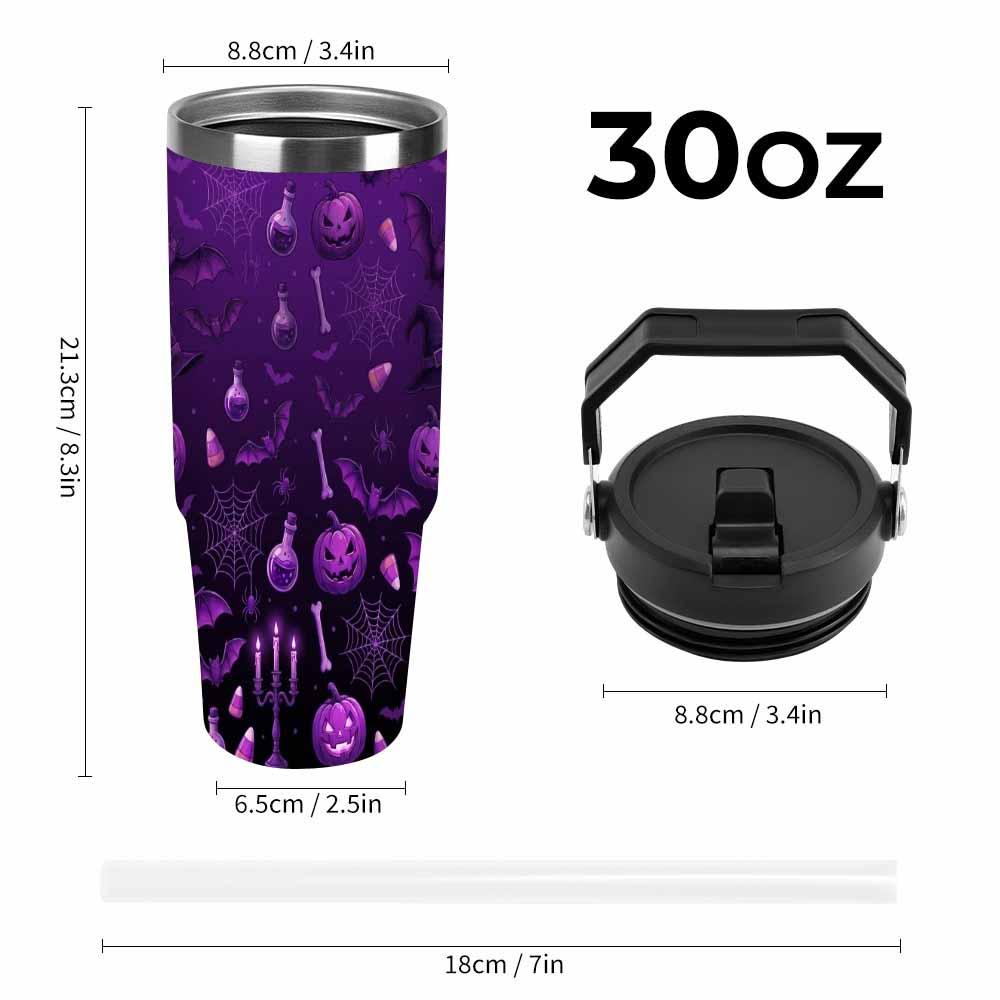 Purple Halloween Double-Wall Insulated Stainless Steel Tumbler (30oz-40oz) with Bat, Pumpkin, Spider Web, Witch Hat Gothic Print, Leakproof Lid, Straw, Portable Vacuum Flask for Travel, Autumn Gift