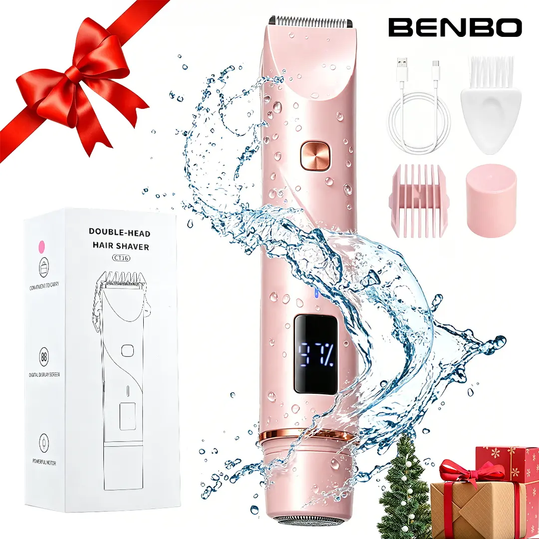 BENBO Bikini Trimmer for Women, Rechargeable Electric Shaver and Razor 2-in-1 Body and Facial Epilator with Dual Heads for Painless Trimming of Pubic Hair, Face, Underarms and Legs, IPX7 Waterproof, Christmas Gift Summer Gift Shaving Grooming