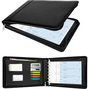 Zippered 7 Ring Business Checkbook Binder Portfolio for 3--a-Page Business Checks, 600 Checks Capacity, PU Leather Check Book Binder Cover for 9x13 Sheets, -in Storage Organizer, Black
