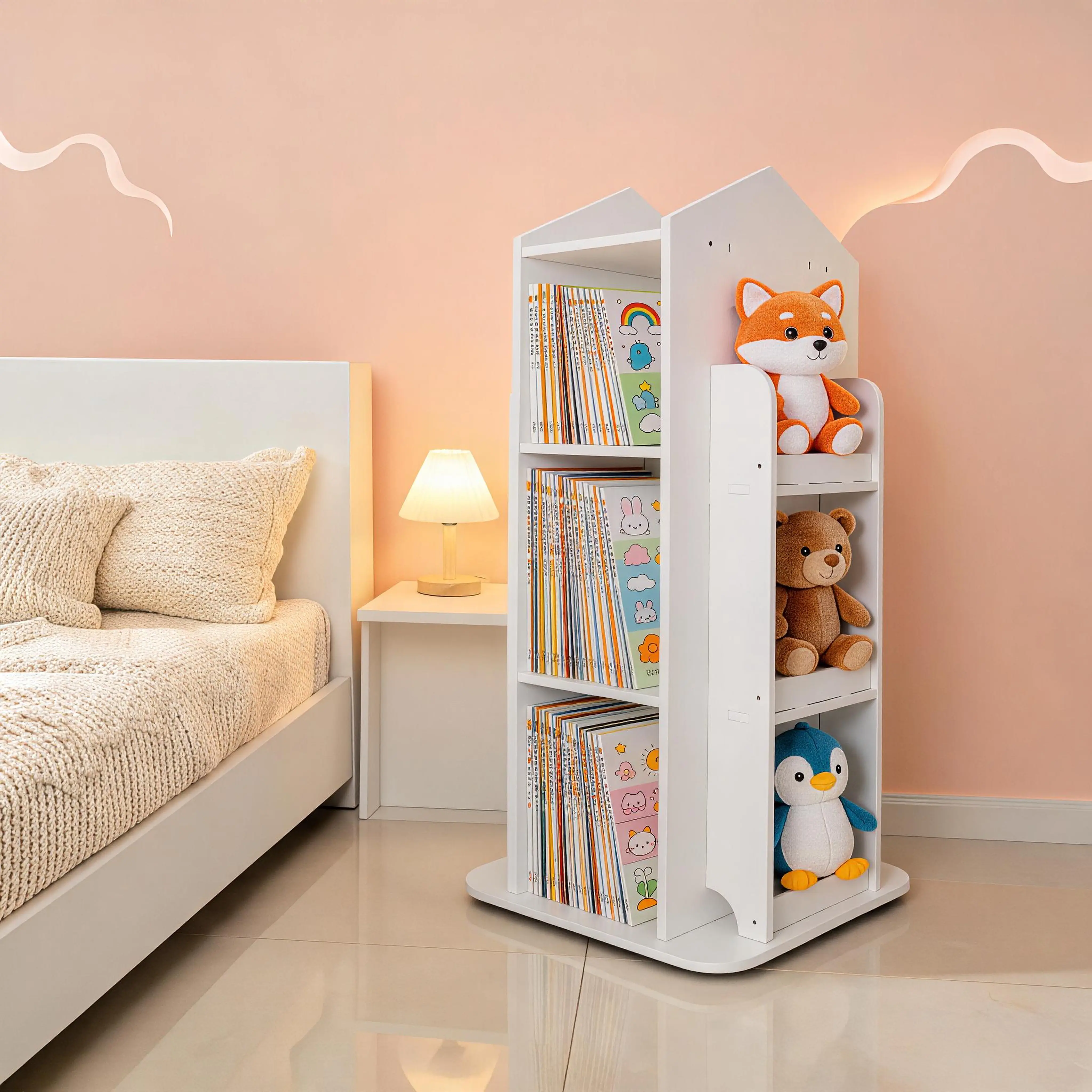 360° Rotating Bookshelf, White Rotating Bookshelf, Storage Organizer Rack, Revolving Corner Bookshelf, for Home Office Furniture Bookcase (White)
