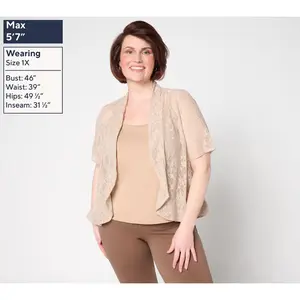 Susan Graver Stretch Knit Lace Elbow-Sleeve Peplum Shrug