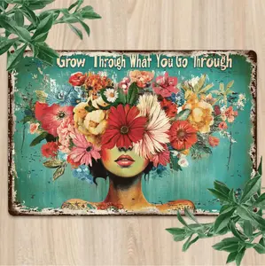Iron Metal Sign "Grow Through What You Go Through" - Vintage Floral Design Tinplate Wall Decor for Home, Kitchen, Restaurant, Bedroom, Garden, Bathroom, Garage, Office, Bakery, 8x12 Inch, Rustic Wall Art with Pre-Drilled Holes, We