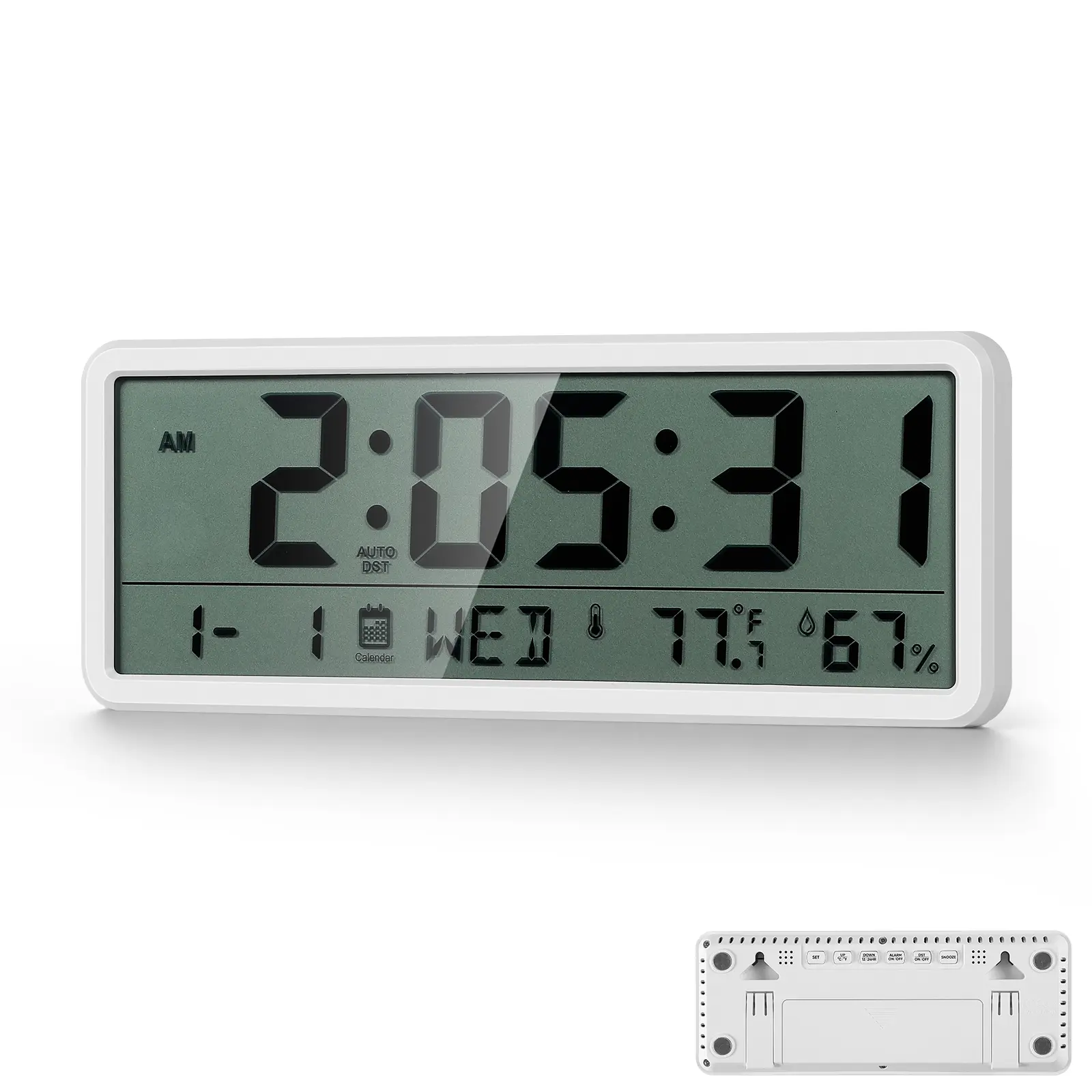 Large Display Digital Wall Clock - Battery Operated Wall Attachable Alarm Clock with Temperature, Humidity, Date, Auto DST, Black/White, Tabletop, Magnetic for Kitchen, Office, Bedroom, Wall Attachable Alarm Clocks