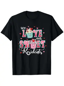 Valentine' Day Caregiver T-Shirt - "We Love Our Sweet Residents" CNA Nurse Shirt with Slogan, Loose Fit for Nursing Staff Apparel, Casual Wear for Valentines Gift for Residents