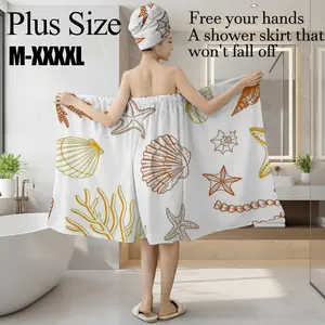 Plus Size M-XXXXL Minimalist Seashell Starfish Print Bath Wrap Skirt & Hair Towel Set, Non-Slip Adjustable Shower Skirt for Bathroom, Spa, Summer Vacation, Beach Holiday