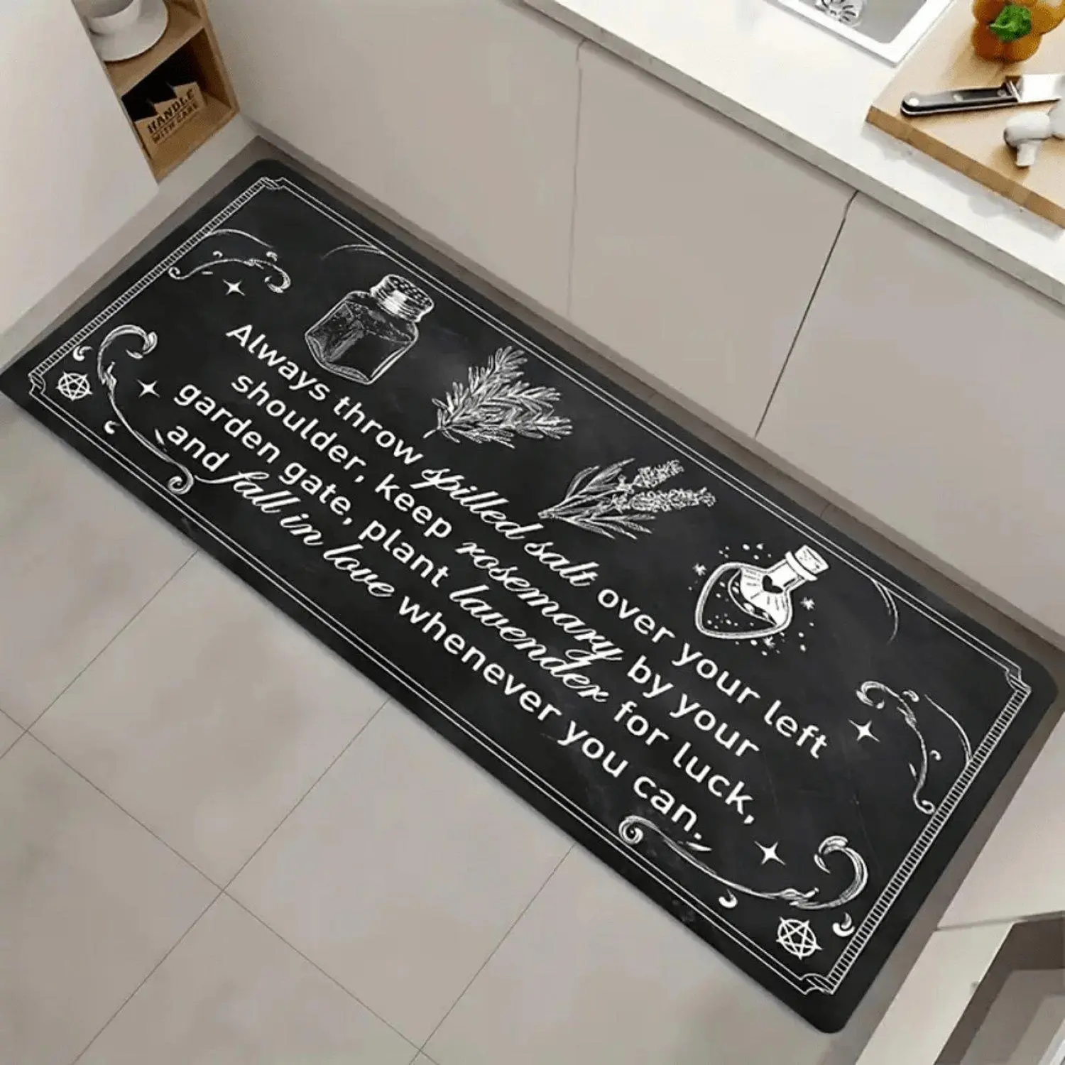 Flannel Black Chalkboard Witch Herb Magic Quote Printed Kitchen Water‑Absorbent Non‑Slip Washable Doormat For Home