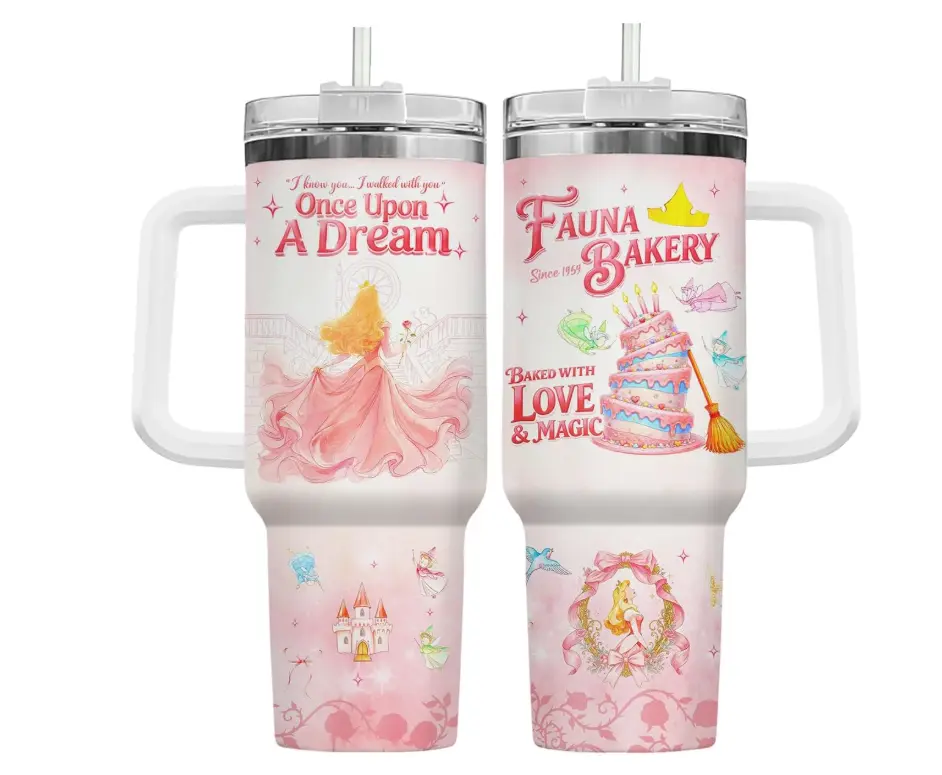 [Gift Box Included] 40oz, 20oz Sleep1ng''ss Princess Fairytale Castle Pink Print Stainless Steel Tumbler with Handle and Straw Vacuum Insulated Travel Mug Fits Car Cup Holder Cool Gift for Princess Lovers & Women