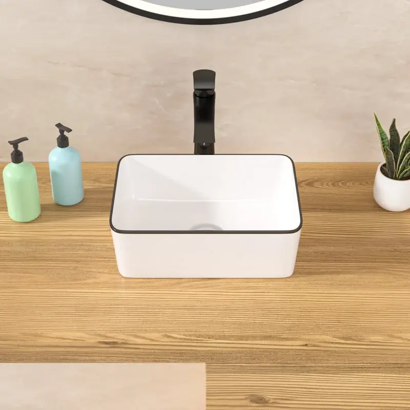 Lordear 16'' L x 12'' W Rectangular Bathroom Vessel Sink Above Counter Lavatory Vanity with Black Rim Ceramic Sink