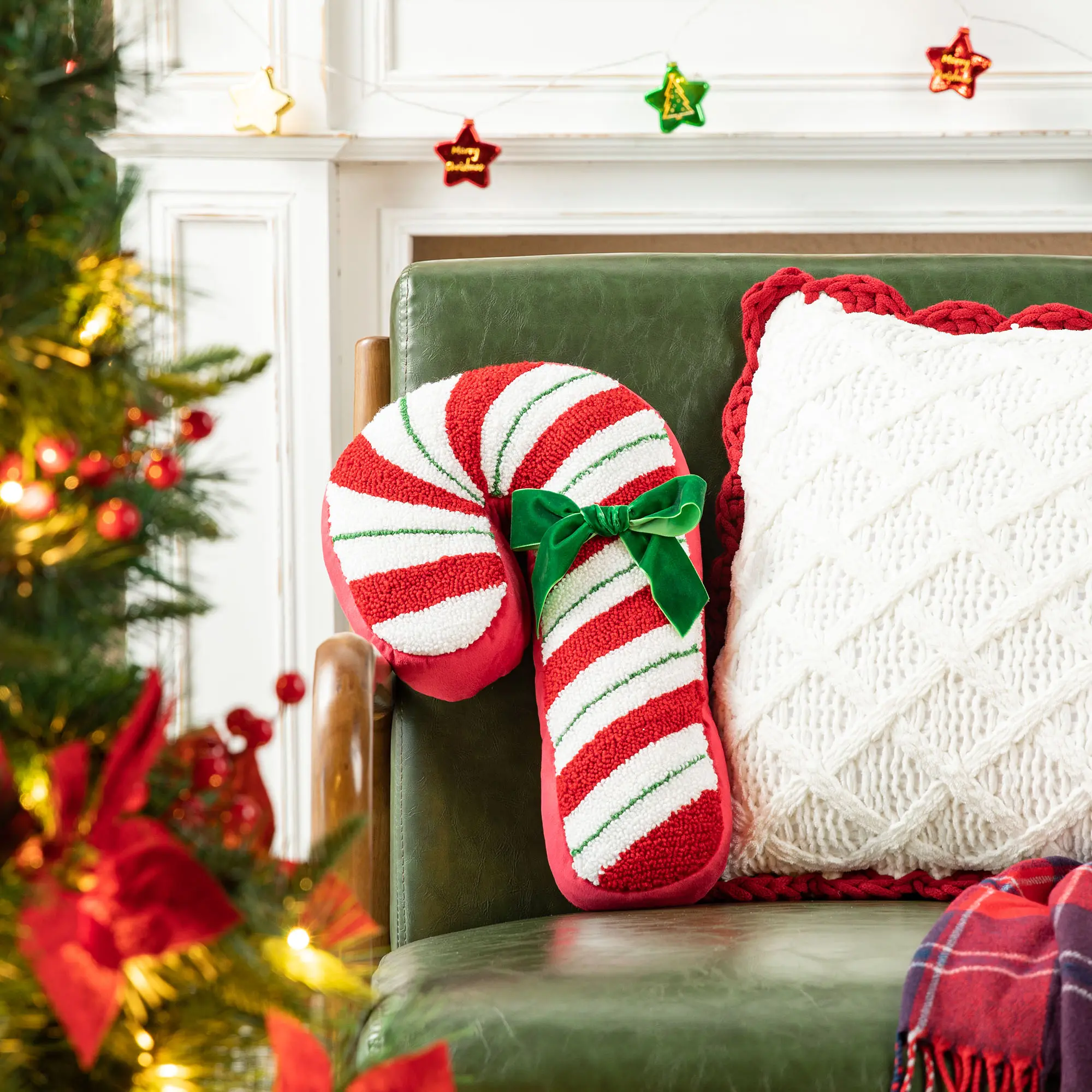 【Christmas in July】 Glitzhome 15.75"H Hooked Christmas Candy Cane Shaped Pillow