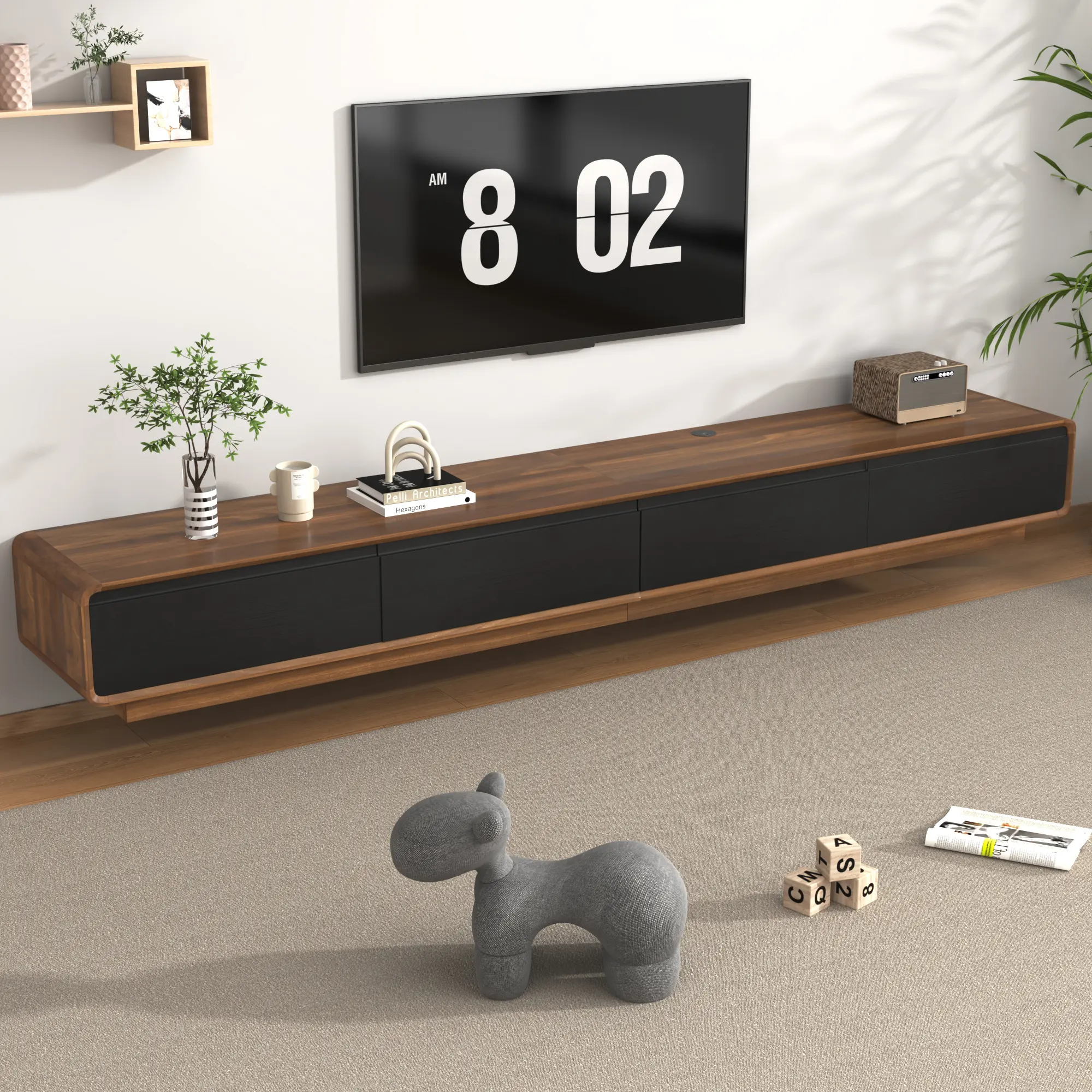 78.7"/94.5" Minimalist Floating TV Stand for TVs up to 85/100 Inches, Modern Wall Mounted Media Console with 2 Drawers, Entertainment Center for Living Room, Black & Walnut/White & Walnut/Black/Brown