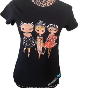 Women’s Junior’s Fashion Rhinestones 3 Lovely Cutes Cats Cotton Short Sleeve Shirts Top Slim Fit With Sparkling Design and Faux Pearls