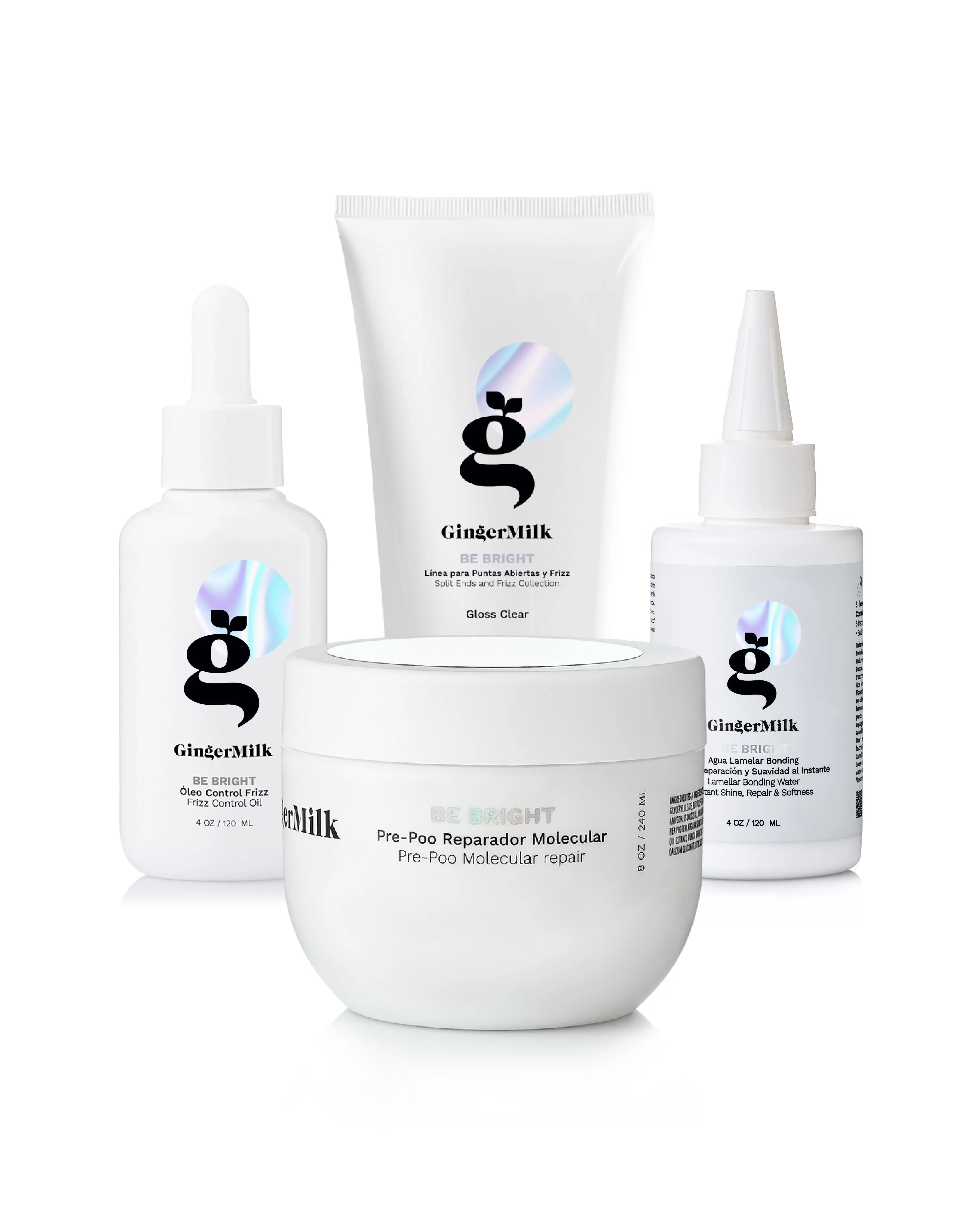 Be Bright Treatment Set | Lamellar Water 4 oz + Gloss Clear 5 oz + Pre-Poo 8 oz + Anti-Frizz Oil 4 oz | Glass-Hair Shine, Repair & Frizz-Control Care for Dull, Dry & Damaged Hair | Ginger Milk