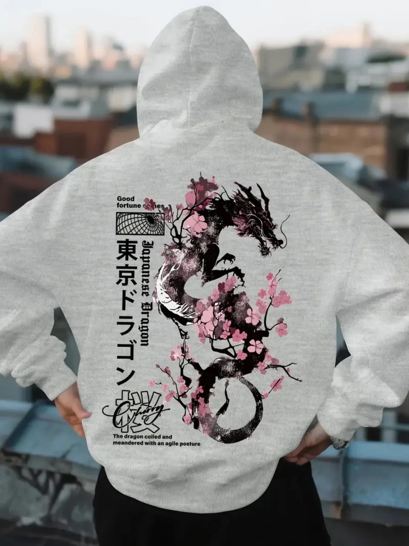 Men's Tokyo Trend Floral Dragon Print Graphic Hoodie, Street Fashion Hoodie, Casual Fitted Design with Drawstring, Adjustable Street Style Sweatshirt for Fall & Winter