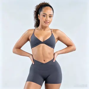 Activewear 2 Piece Set | Ribbed Twist Front Push Up Sports Bra and High Waisted 4.5 Inch Shorts Gym Workout Clothes Seamless Matching Sets