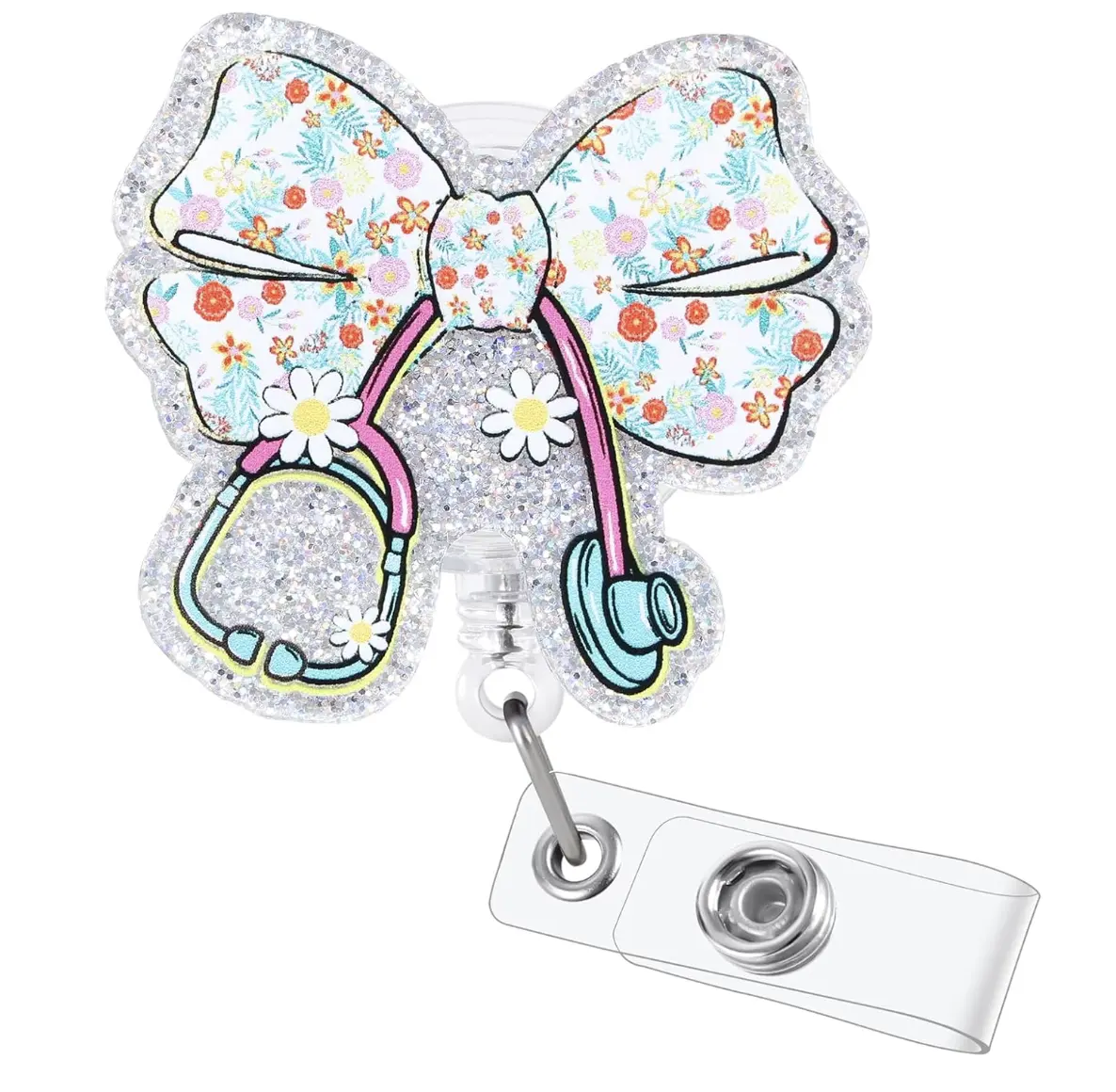 Floral Stethoscope Bow Badge Reel, Glitter Nurse ID Holder, Retractable Badge Clip, Cute Nursing Accessory, Nurse Gift, Healthcare Worker Badge Reel, Medical Gift