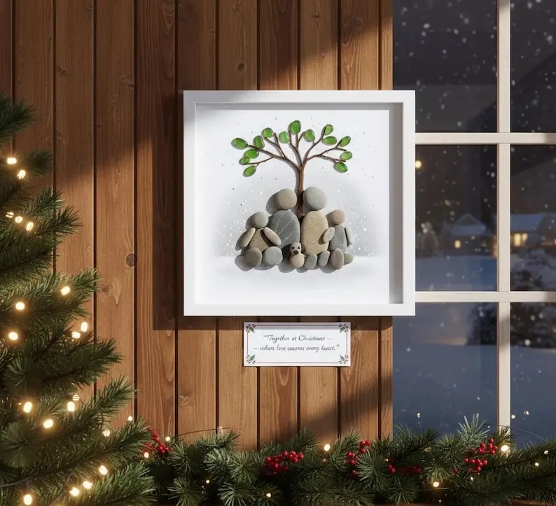 Handmade Pebble Stone Family Picture, Minimalist Oak Frame Art, Twig Tree with Glass Leaves, Thoughtful New Home or Anniversary Gift