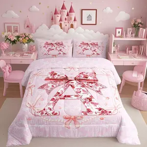 Cute Bow Comforter Set,Coquette Bows Bedding for Girls Kids Teens Vintage Girly Trendy Floral Bed Set,Princess Watercolor Monogram Initial A Birthday Gifts Duvet Insert (A)