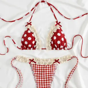 [Oder 10- 12days] Trendy Halter String Bikini Set Sexy Lace Edge Bathing Suit Women Aesthetic Coquette Swimwear Cute Bow Detail Beachwear Two Piece Suit 2026