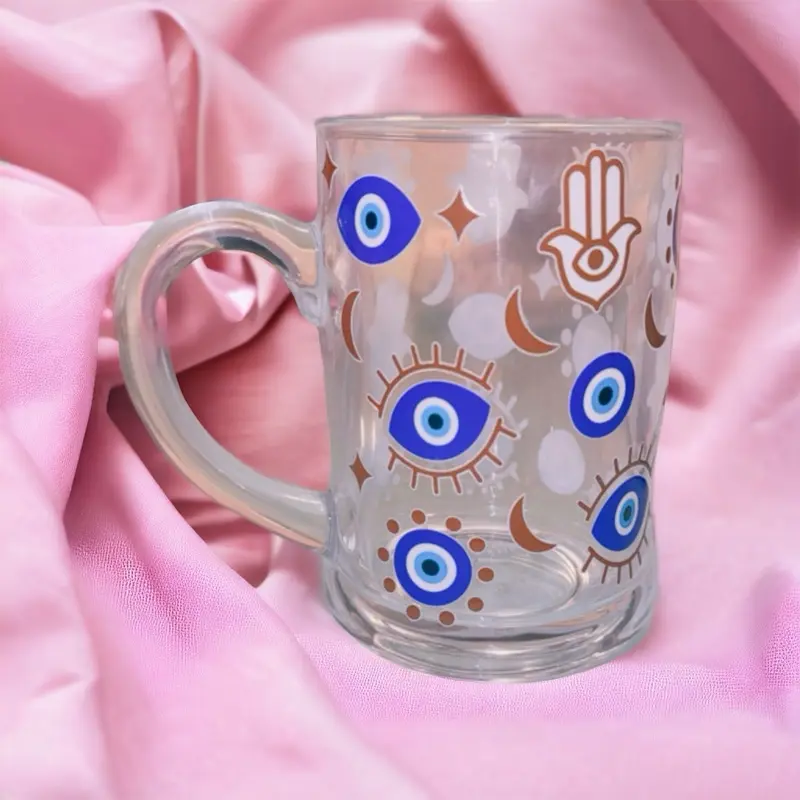 Evil Eye Protect Glass Mug with Blue Eye Design and Hamsa Hand Patter