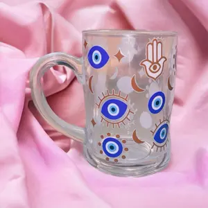 Evil Eye Protect Glass Mug with Blue Eye Design and Hamsa Hand Patter