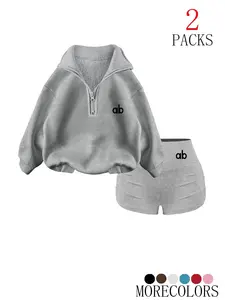 Autumn Winter New Fleece Half-Zip High Neck Casual Loose Pants Set, Letter Pattern Design, Comfortable Fabric, Y2K Style