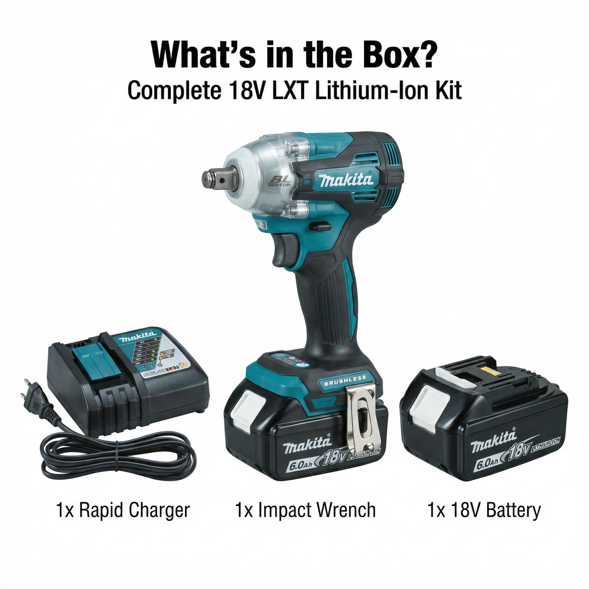 Makita DTW300 Brushless Impact Wrench with 18V Lithium-Ion Battery & Charger – 330 N·m Fastening Torque for M10 to M20 Bolts
