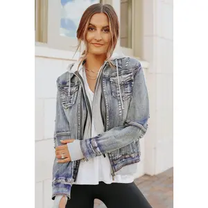 Sweatshirt Hooded Denim Jacket - Medium Wash Casual Cotton