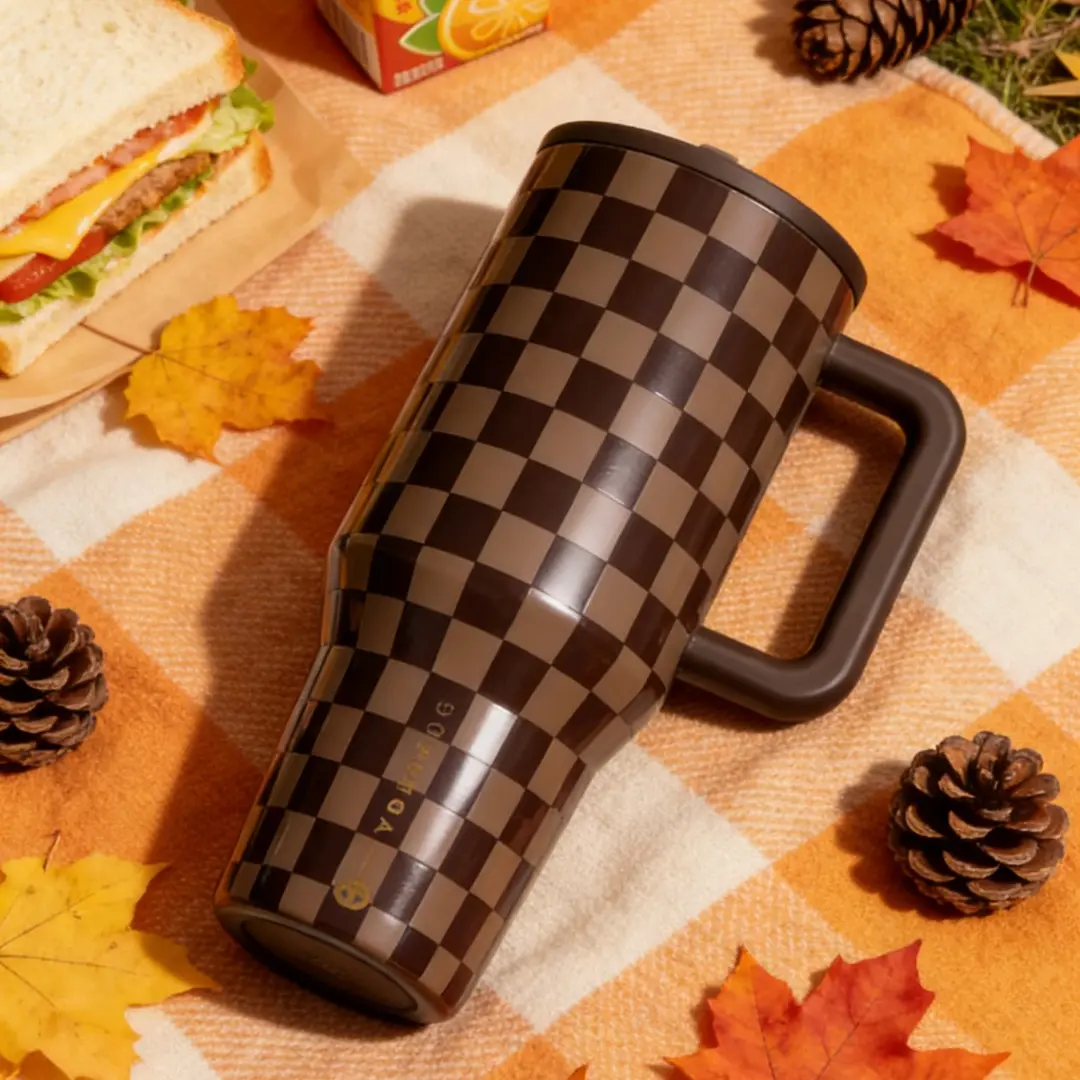40oz Brown Checkerboard Insulated Tumbler with Straw - Stylish Sports Water Bottle for Fall/Winter Commute, Office Use, Elegant Valentine Gift, Portable